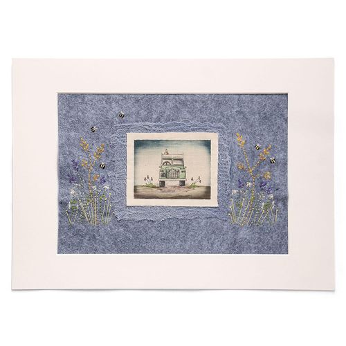 Finished embroidery project showing a vintage green Land Rover on calico, layered onto blue felt with embroidered bees and lavender details.