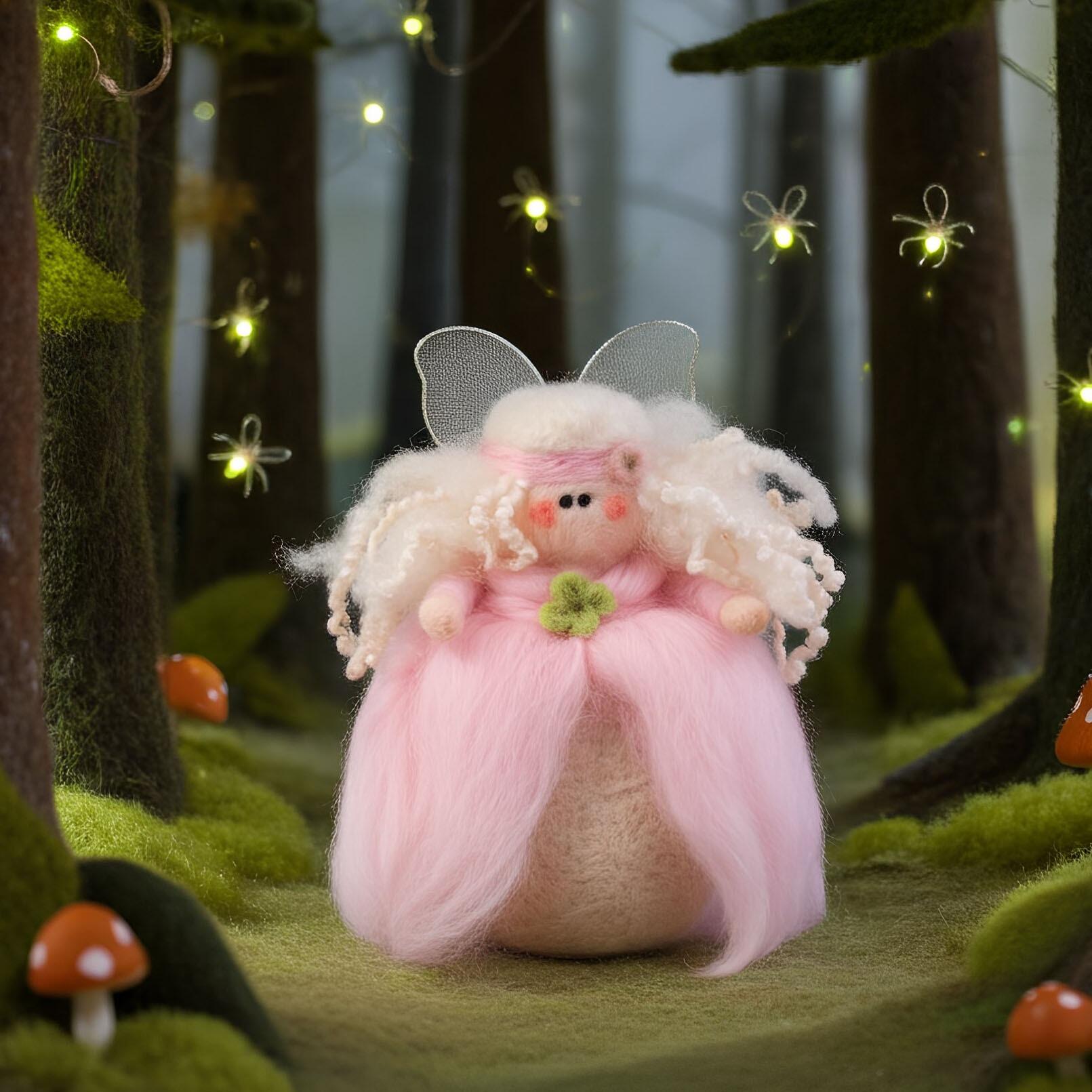 A 3D needle-felted fairy in a soft pink gown with long curly white hair, a green flower accent, and delicate wings.