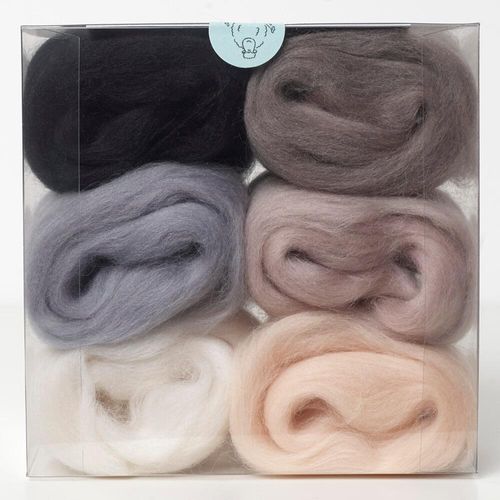 A curated Neutrals merino wool shade pack containing six 5g portions of non-mulesed wool tops.