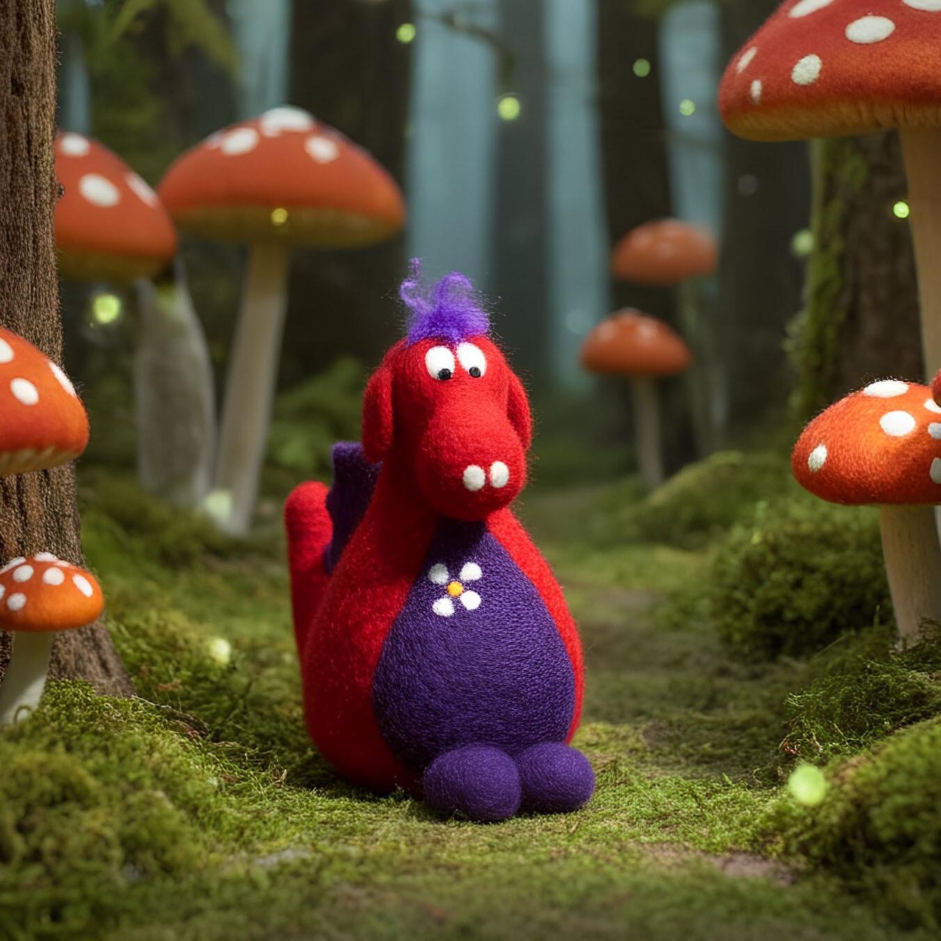 A charming needle-felted red dragon named Dilly with a deep purple belly, purple scales, and a small flower accent, sitting in a magical forest filled with large red toadstools and glowing fairy lights.