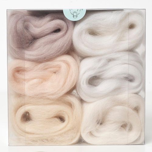 A curated pales merino wool shade pack containing six 5g portions of non-mulesed wool tops.