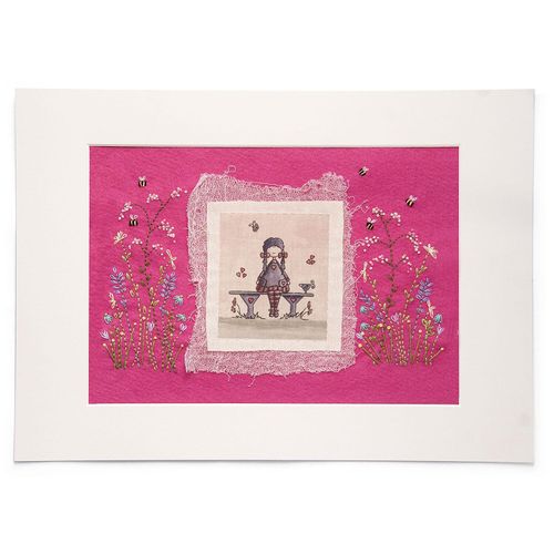 Completed embroidery project featuring a whimsical illustration of a girl named Nym in a purple dress sitting on a bench, layered onto vibrant pink felt with embroidered flowers and bees.