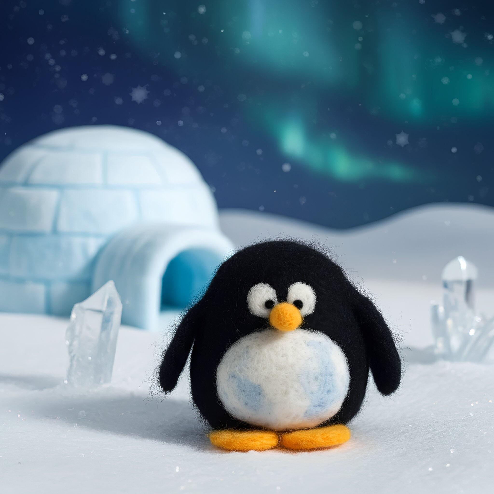 A charming needle-felted penguin named Pongwin with a black body, white belly, and orange feet, standing on snow in front of a blue felt igloo under a shimmering aurora borealis sky.