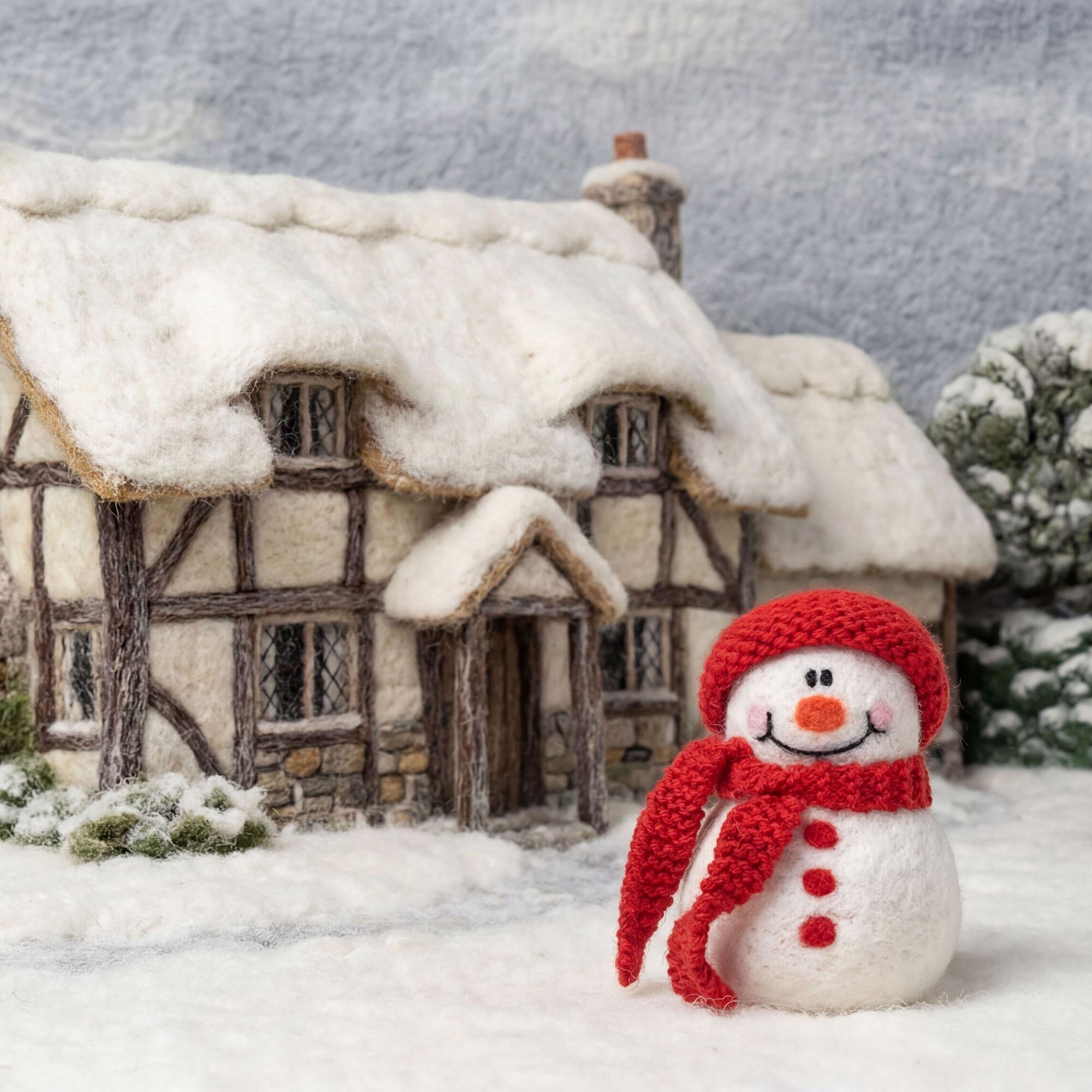 A smiling needle-felted snowman wearing a red knitted hat and scarf, standing in deep snow in front of a detailed, snow-covered Tudor-style cottage with a stone chimney.