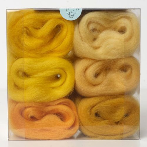 A curated yellows merino wool shade pack containing six 5g portions of non-mulesed wool tops.