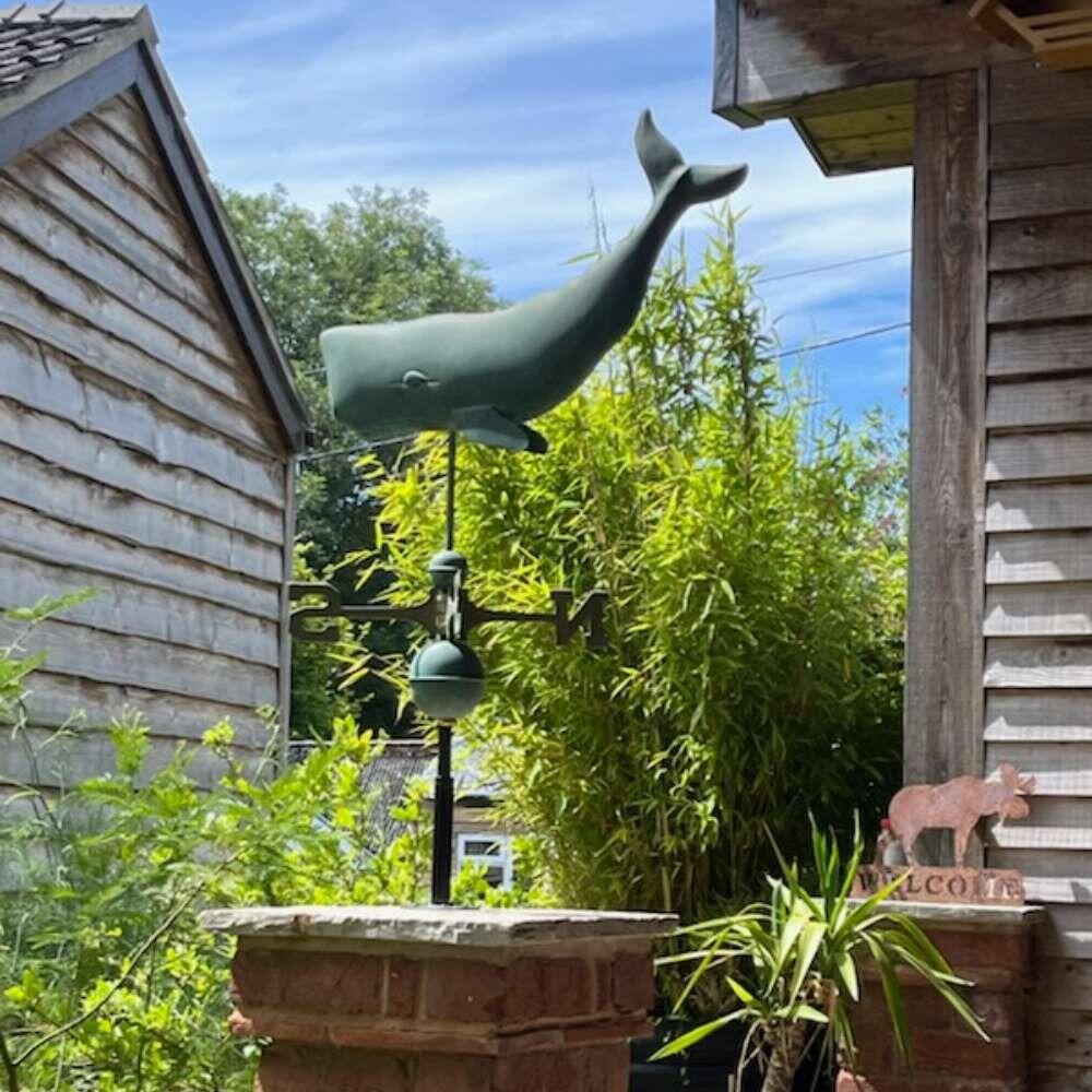 Whale Weathervane on a Brick Pillar: A Beautiful Verdigris Garden Feature and Installation Guide