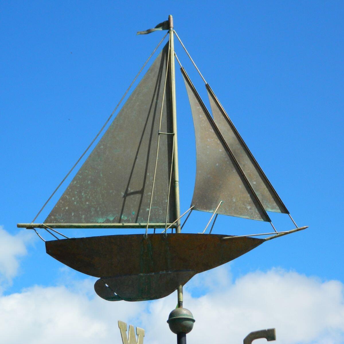 Large pure copper aged verdigris racing sloop weathervane