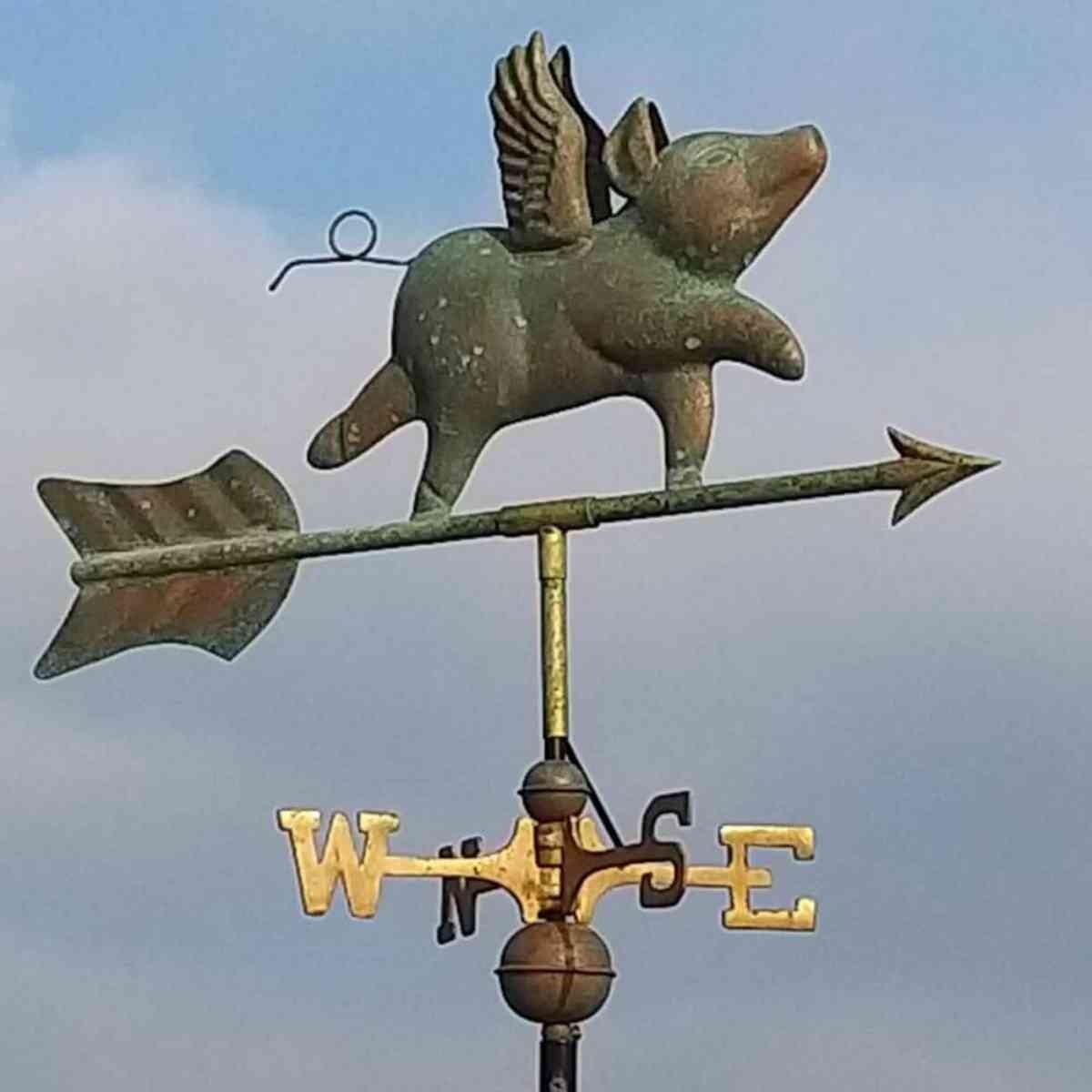 Medium aged copper flying pig weathervane