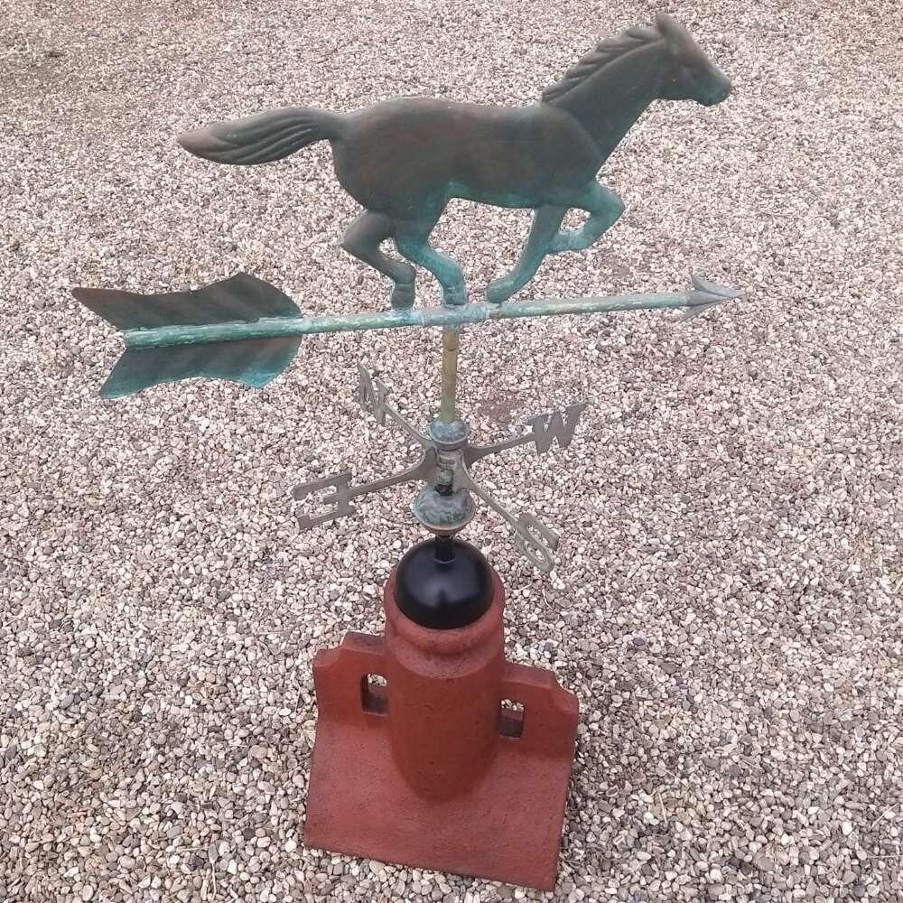 Verdigris horse weathervane supplied on a 45 degree ridge tile finial