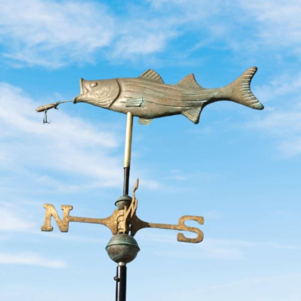 Fish verdigris weathervane supplied on a ridge tile finial fitting with multiple angle options
