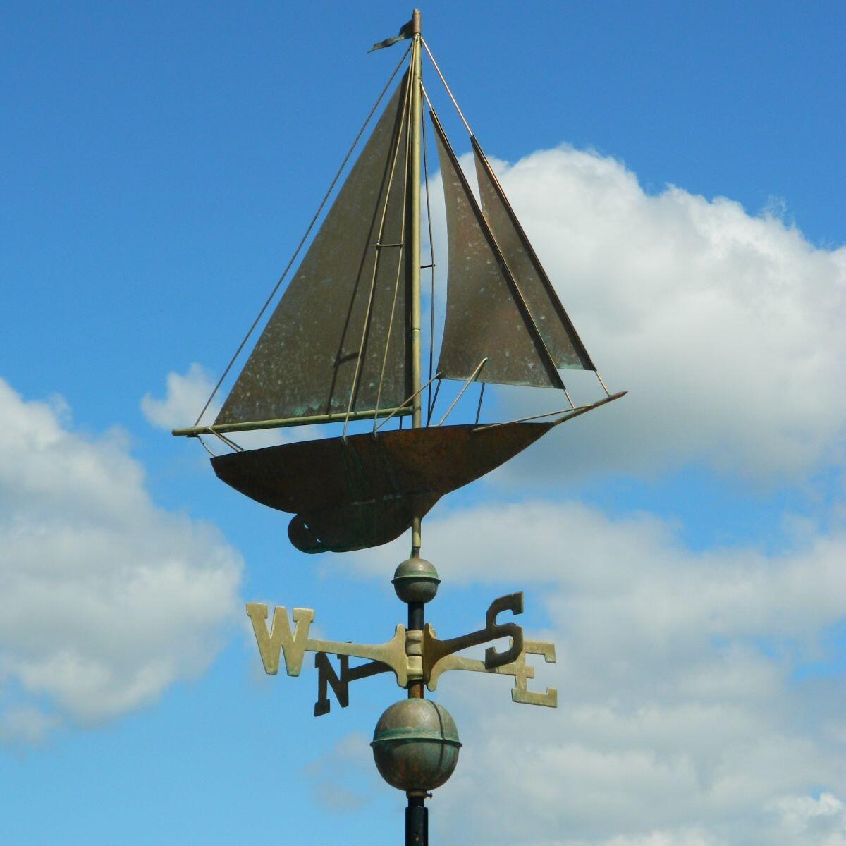 Large pure copper aged verdigris racing sloop weathervane