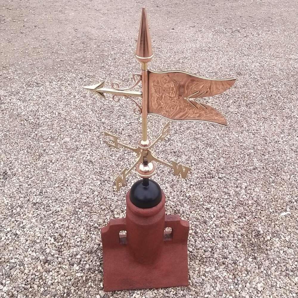 Banner weathervane supplied on a double arch 45 degree angle ridge tile finial