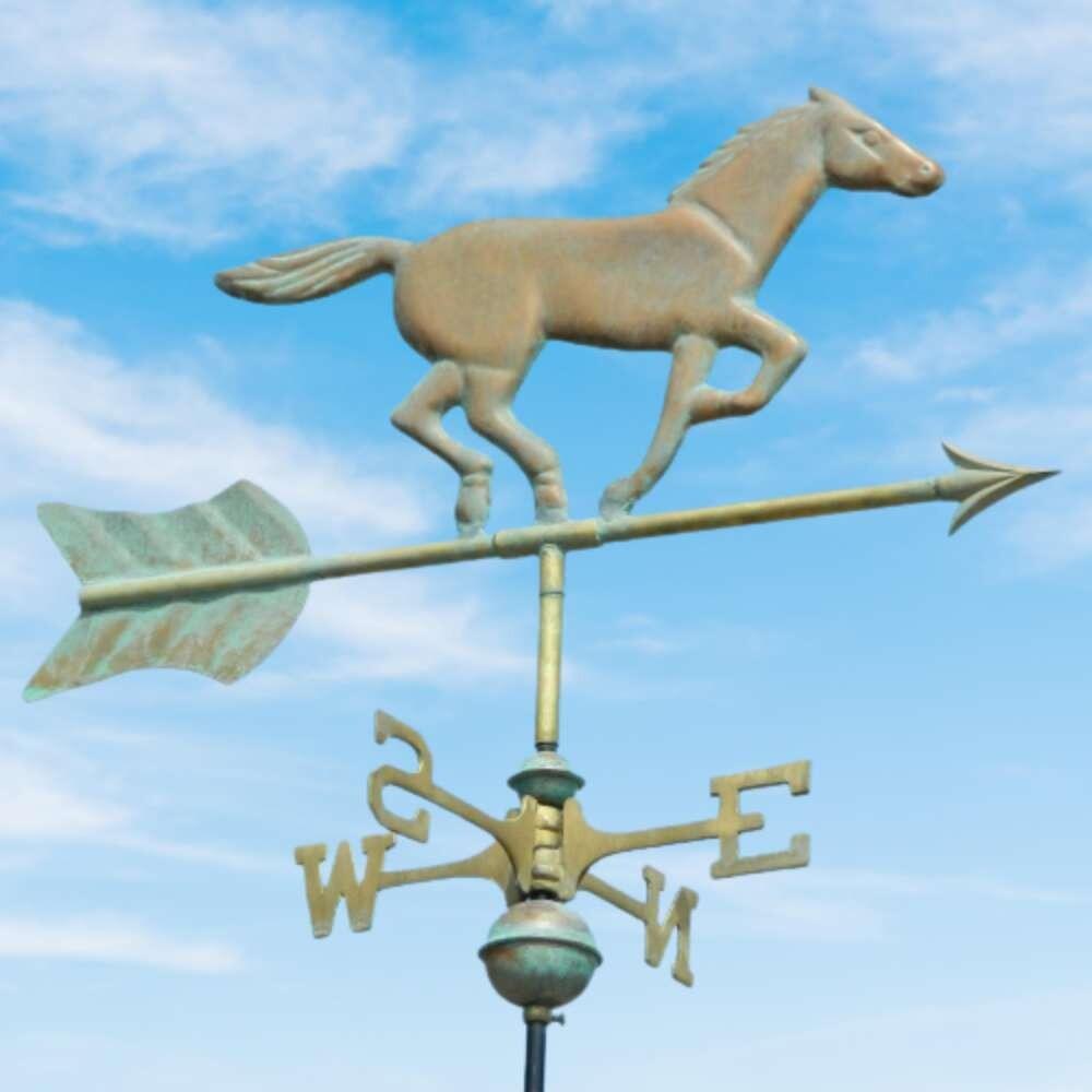 Verdigris horse weathervane supplied on a 45 degree ridge tile finial