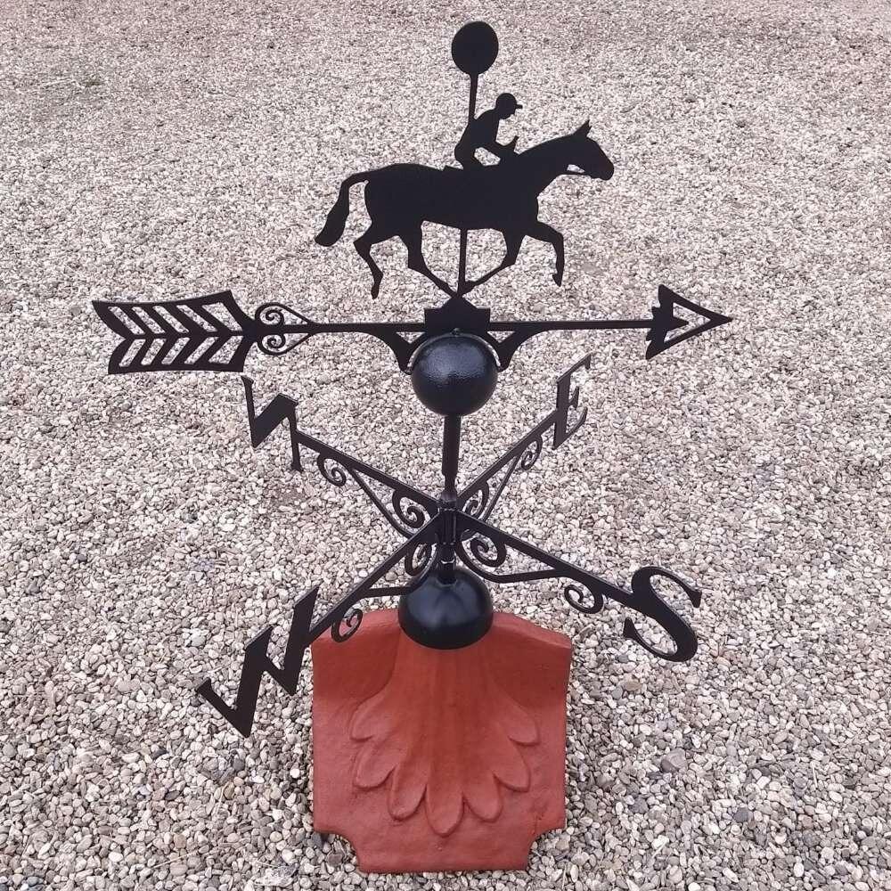 Winning post race horse weathervane on a ridge tile finial fitting with multiple angle options