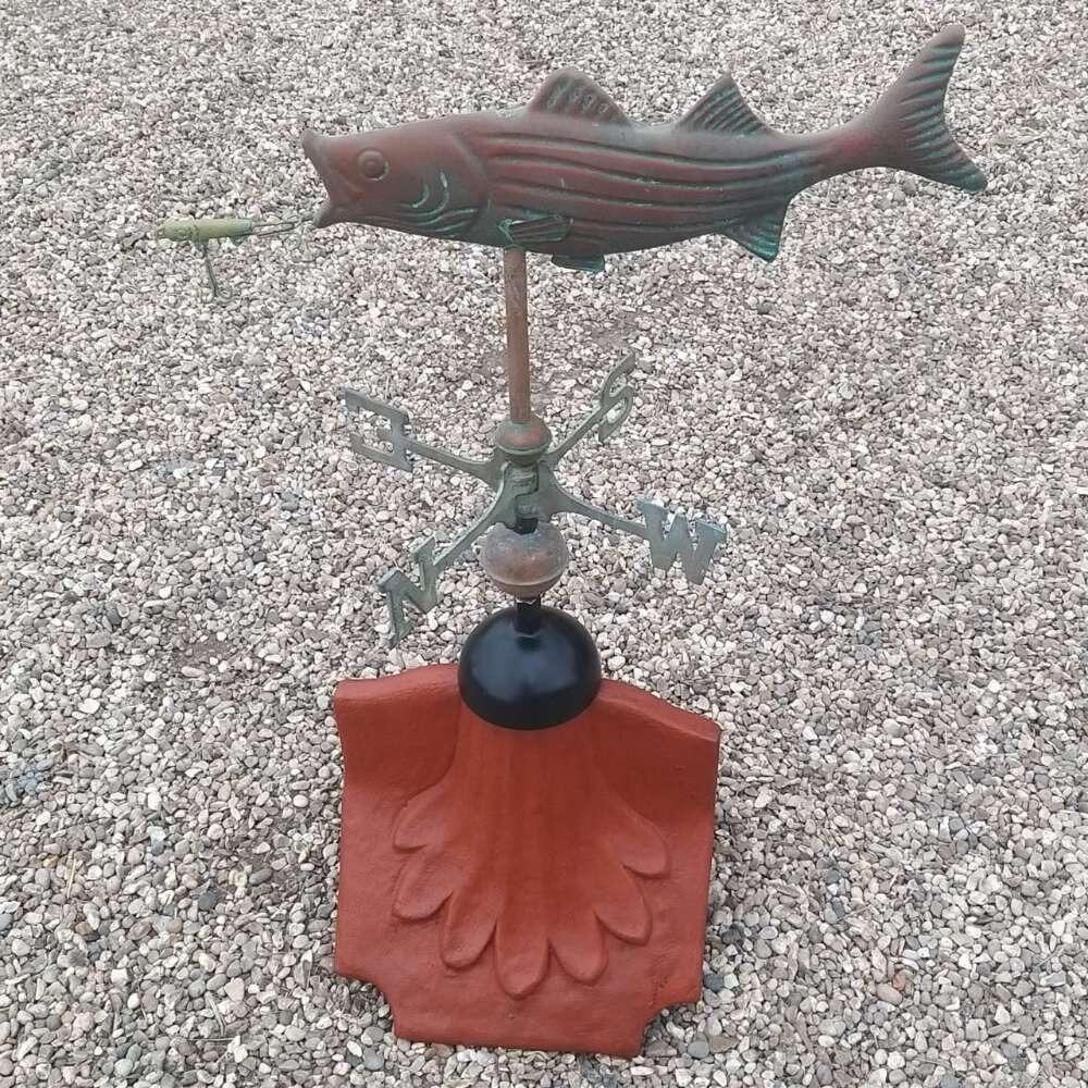 Fish verdigris weathervane supplied on a ridge tile finial fitting with multiple angle options