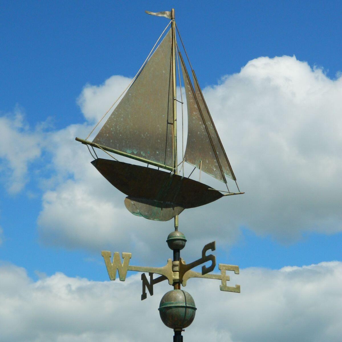 Large pure copper aged verdigris racing sloop weathervane
