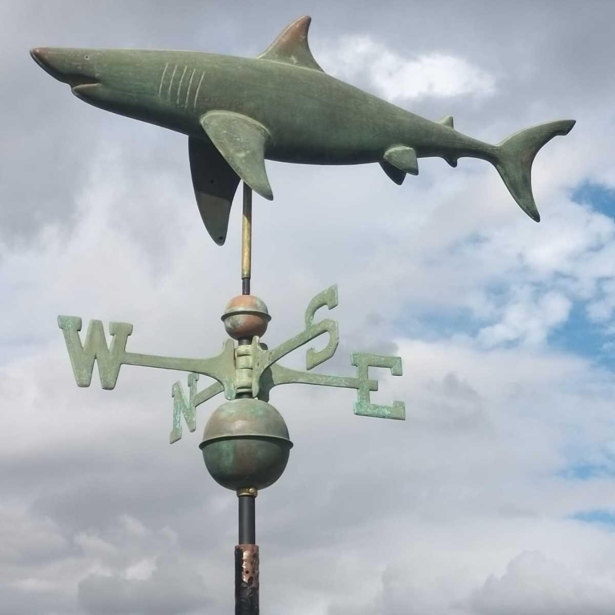 Large verdigris shark weathervane