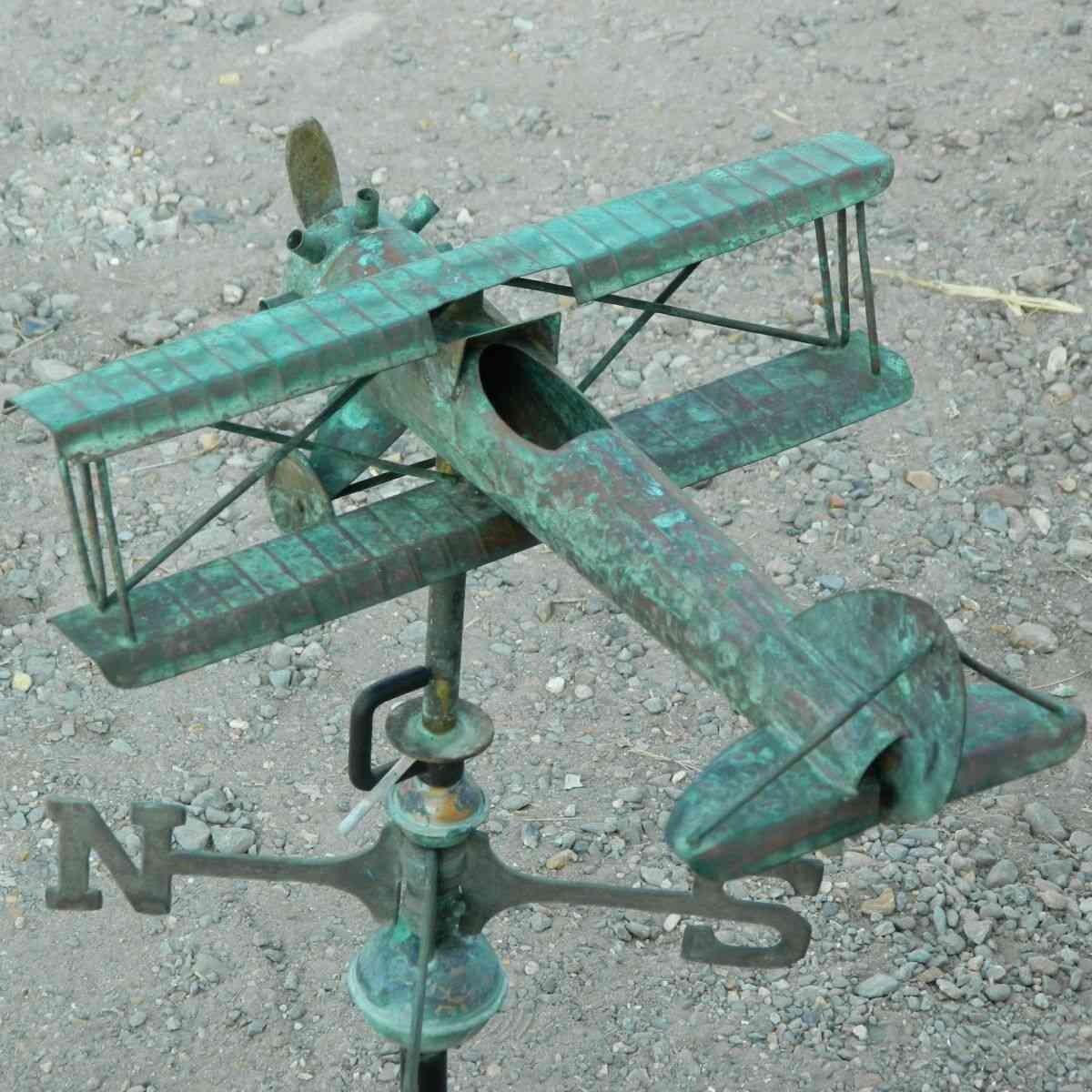 Medium hand crafted copper aged verdigris biplane weathervane