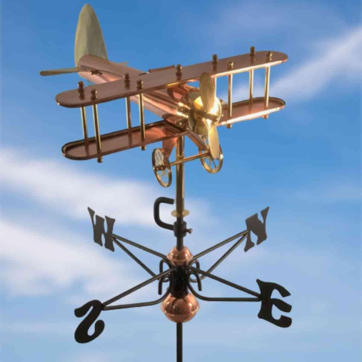 Medium copper hobby bi-plane weathervane