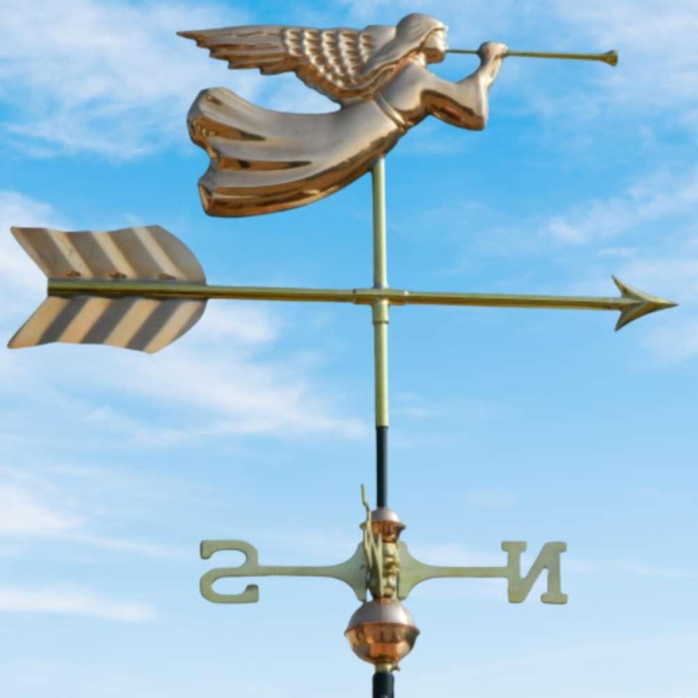 Angel weathervane installed on a half round ridge finial