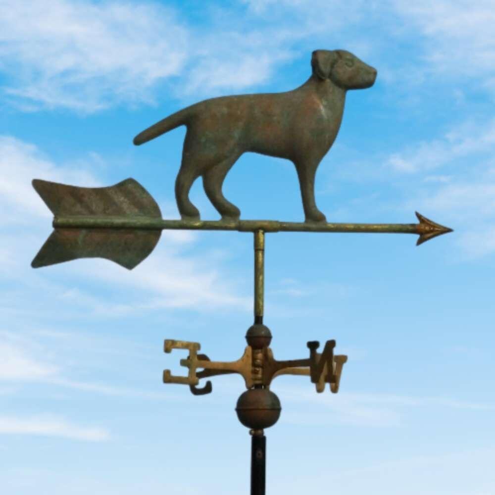 Labrador verdigris weathervane fitted on a square ridge tile finial cap