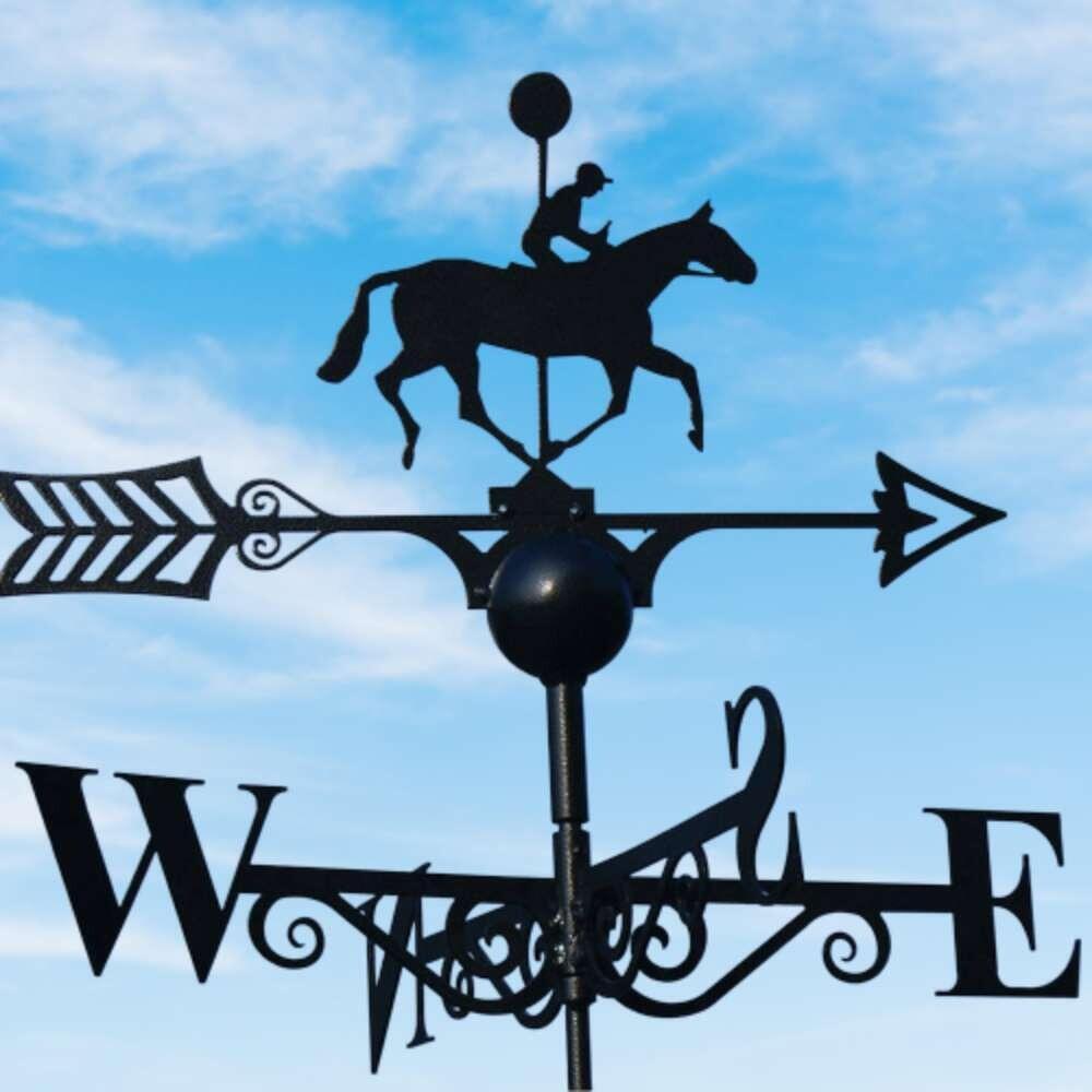 Winning post racing horse weathervane fitted to a 45 degree ridge tile