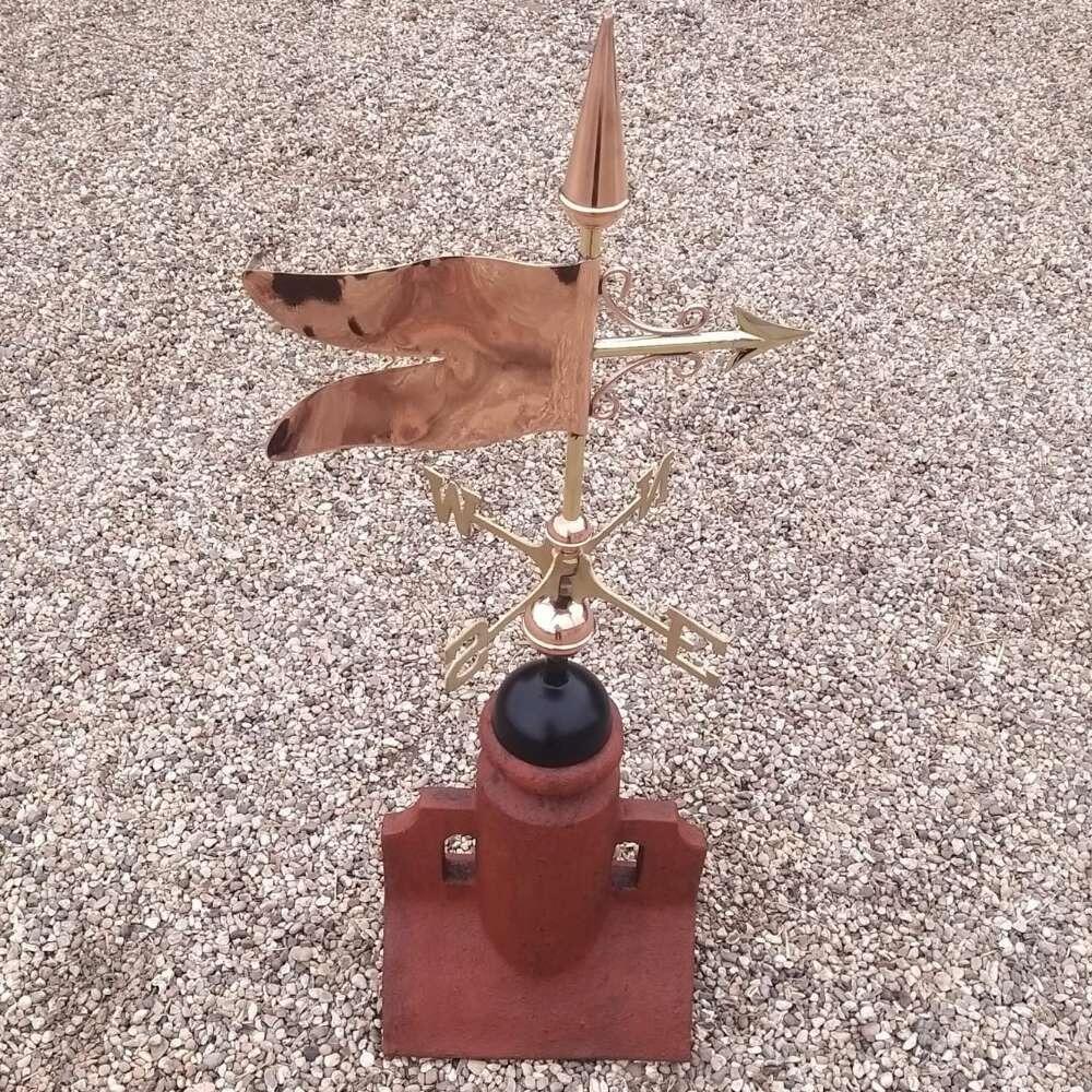 Banner weathervane supplied on a double arch 45 degree angle ridge tile finial