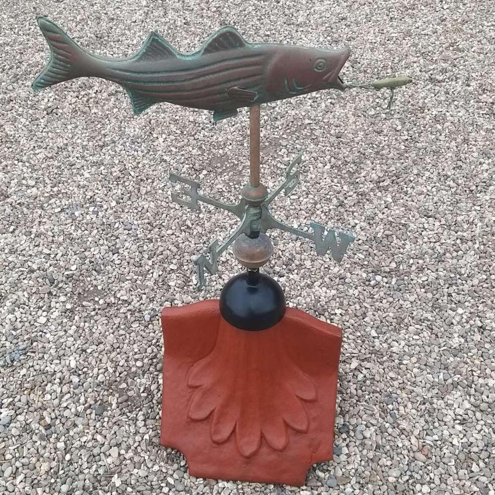 Fish verdigris weathervane supplied on a ridge tile finial fitting with multiple angle options