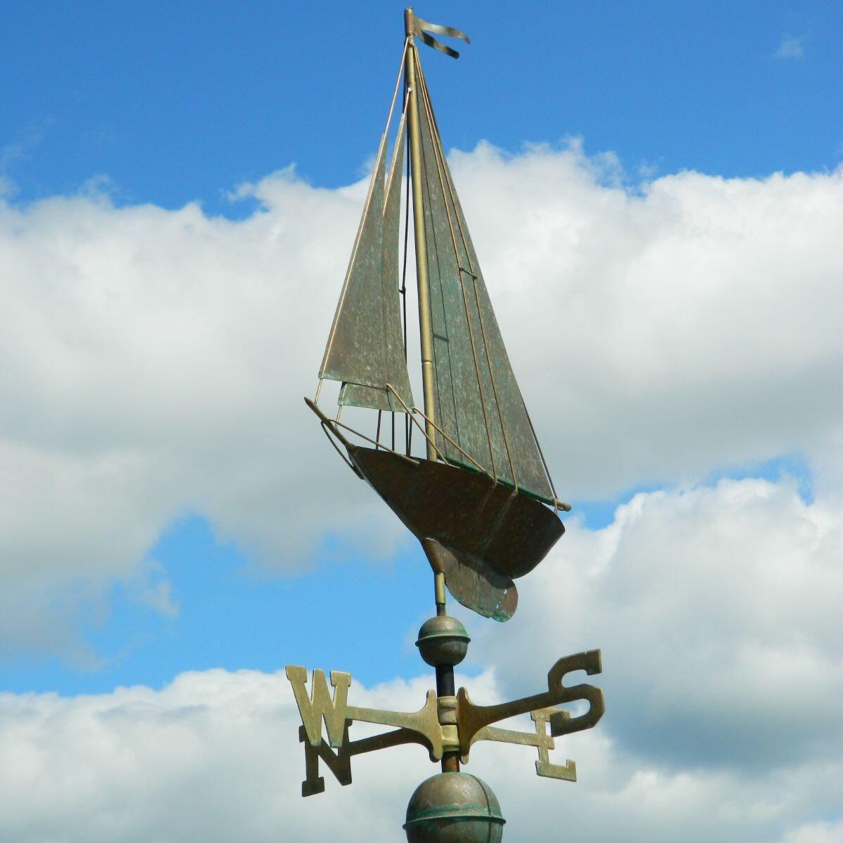 Large pure copper aged verdigris racing sloop weathervane