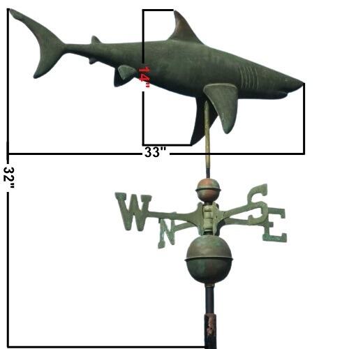 Large verdigris shark weathervane