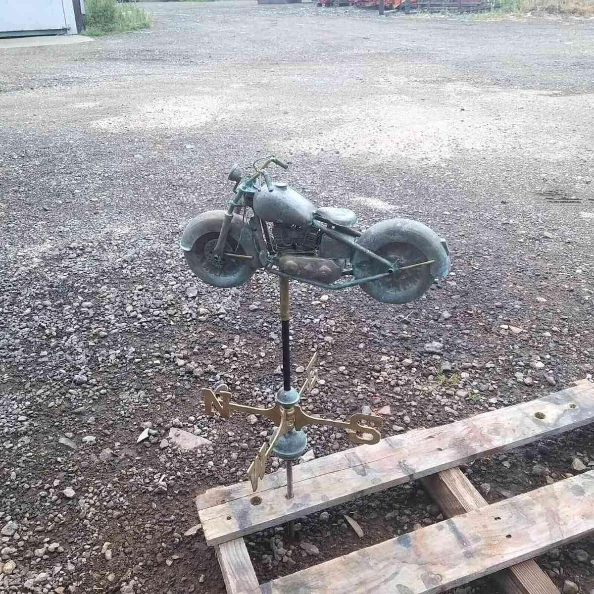 Medium aged copper motorcycle weathervane