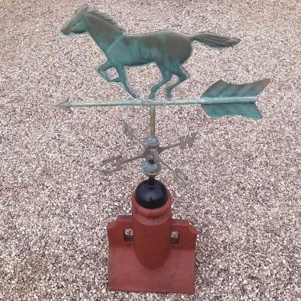 Verdigris horse weathervane supplied on a 45 degree ridge tile finial