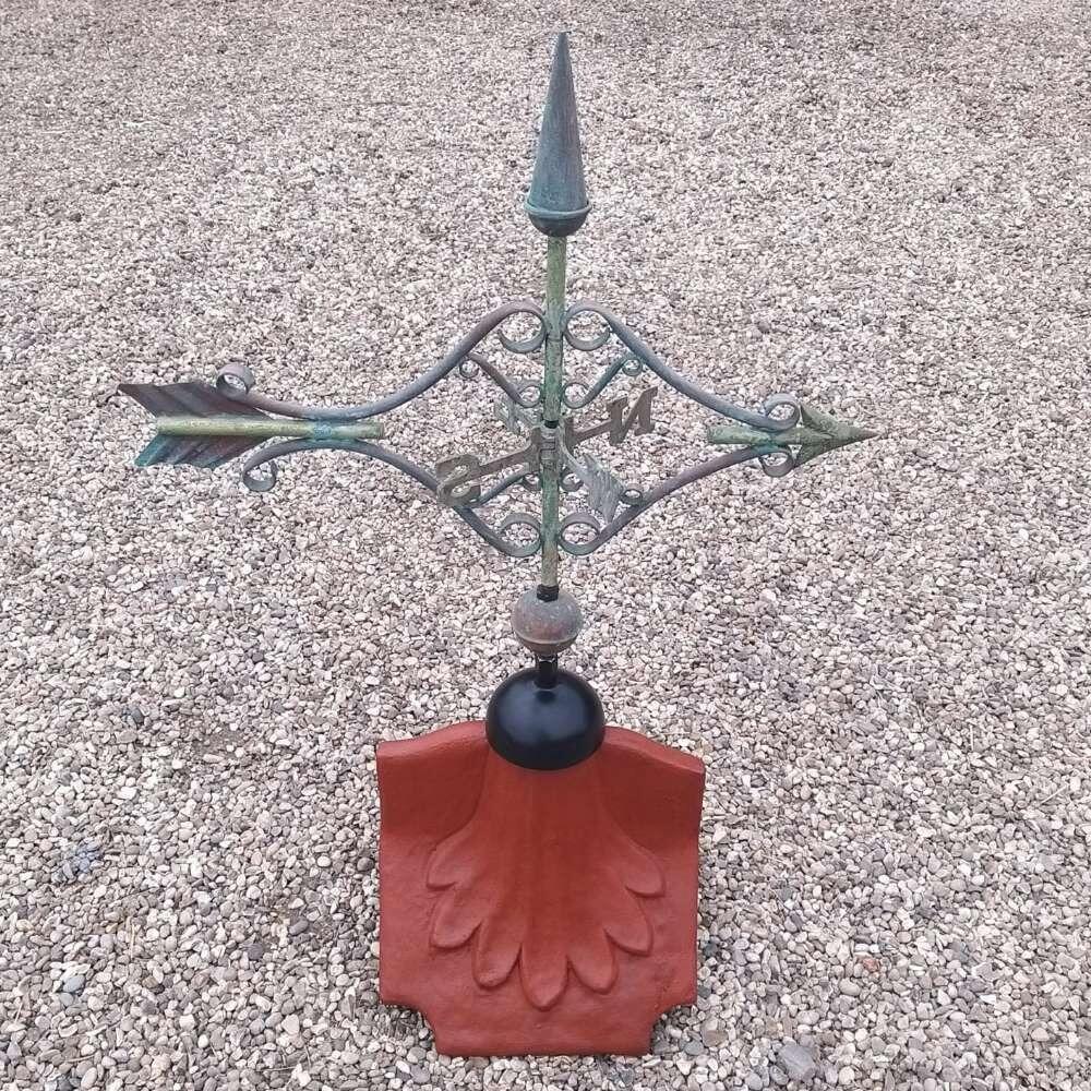 Victorian verdigris arrow weathervane on a ridge tile finial fitting with multiple angle options