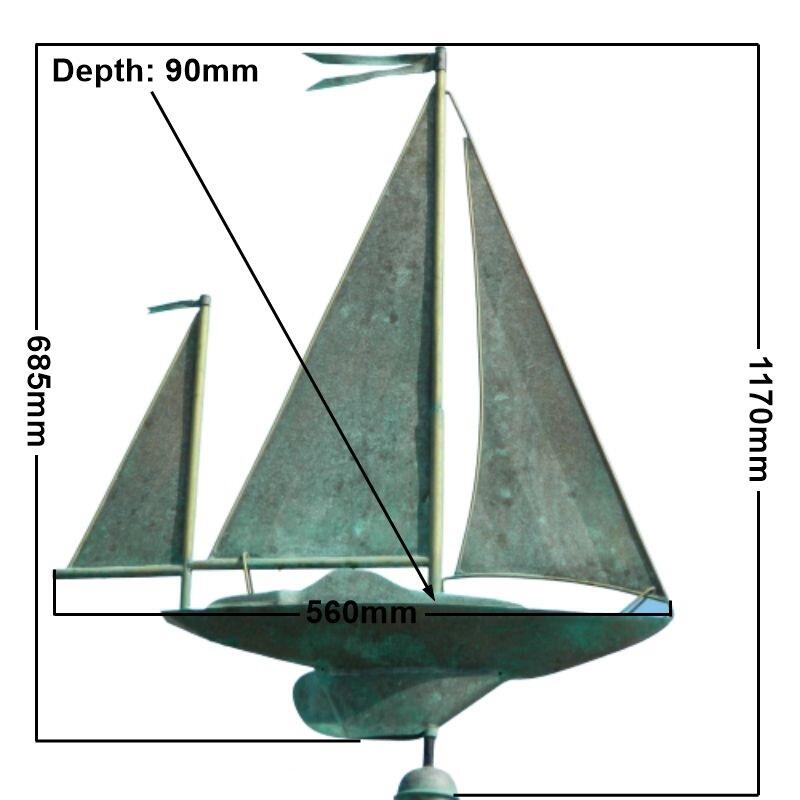 Large pure copper aged weathered verdigris sailboat weathervane