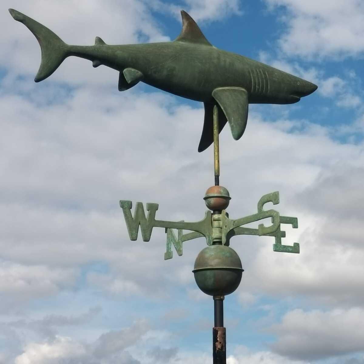 Large verdigris shark weathervane