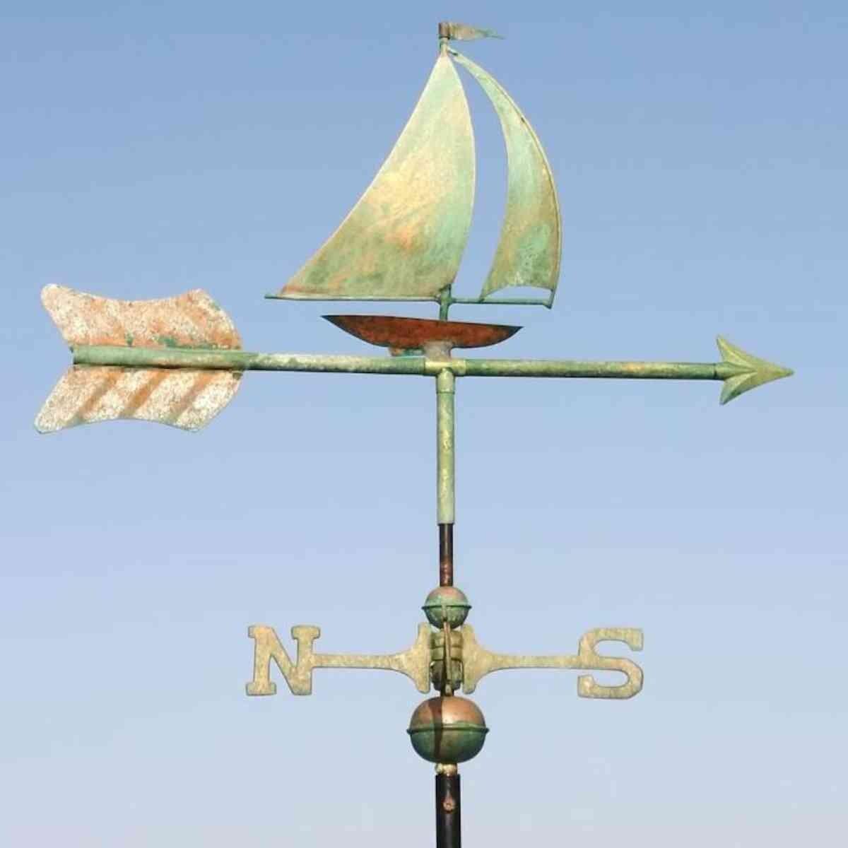 Medium pure copper aged verdigris sailboat weathervane