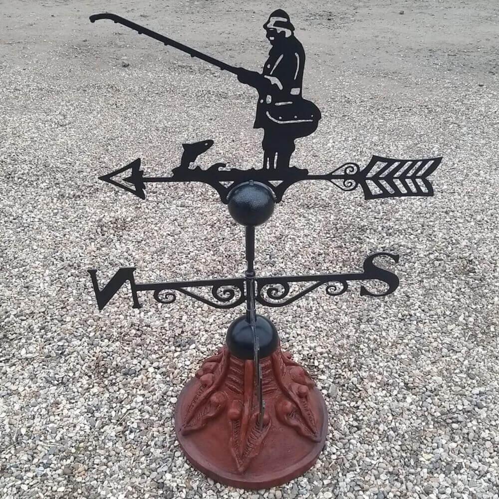 Angler steel weathervane supplied on a round ridge tile base