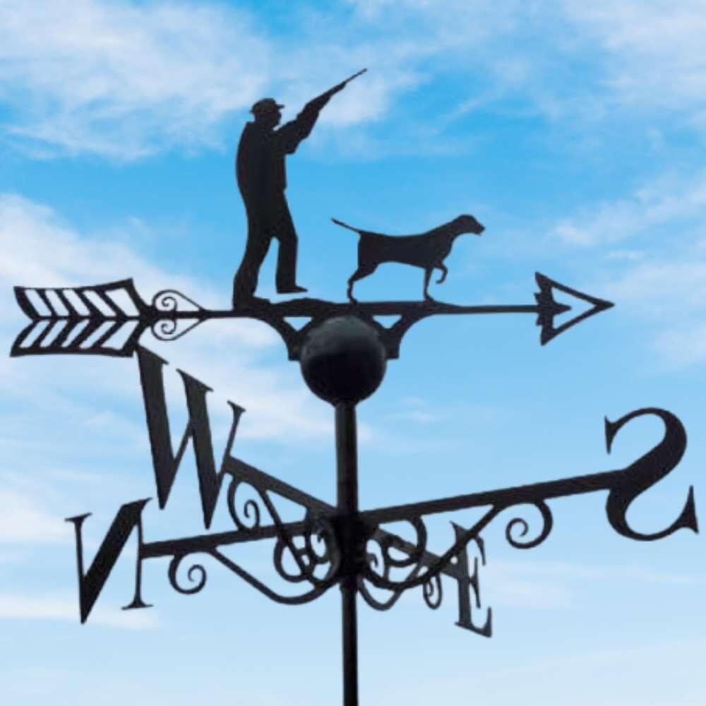 Gun up hunting weathervane fixed on a square ridge tile finial cap
