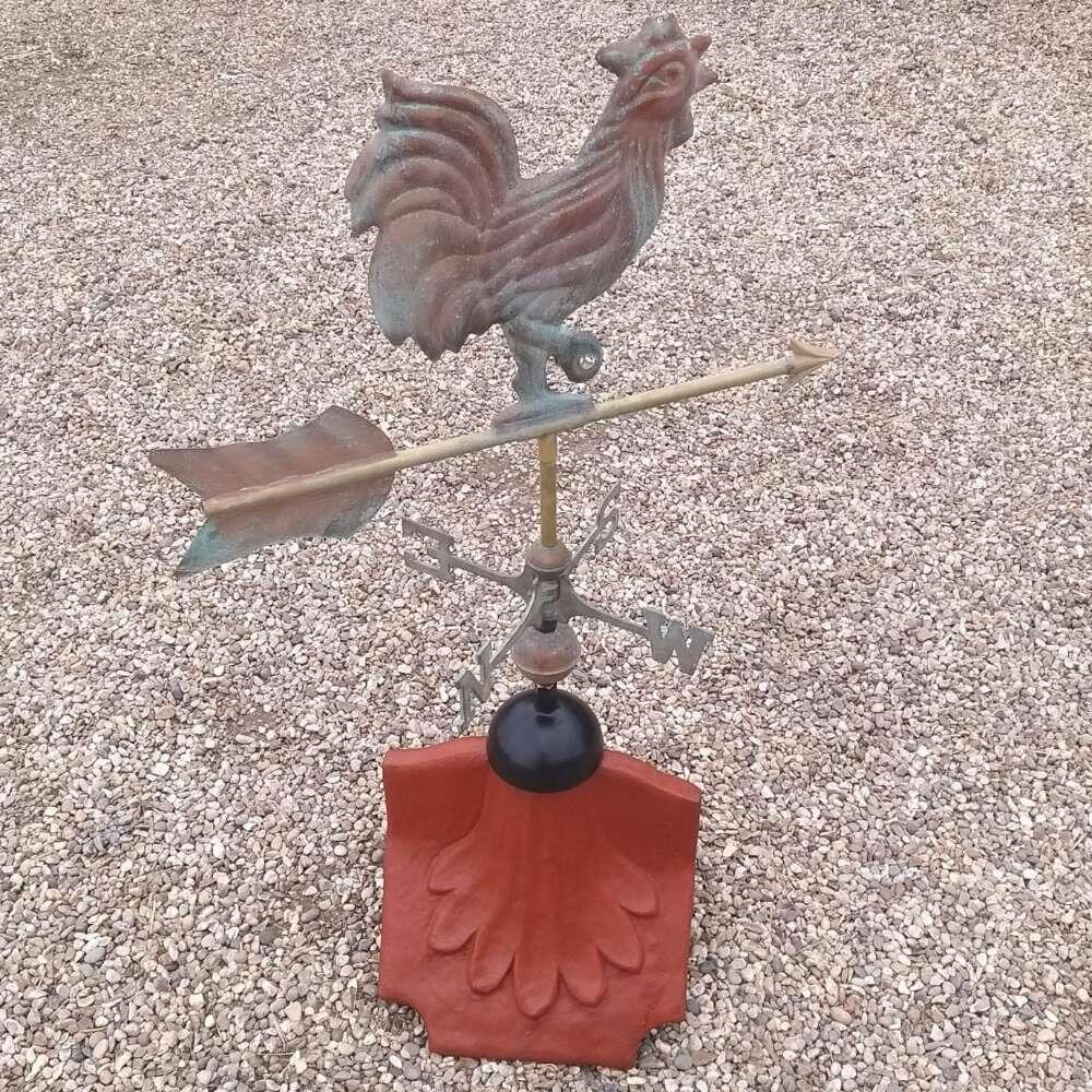 Cockerel verdigris weathervane supplied on a ridge tile finial fitting with multiple angle options