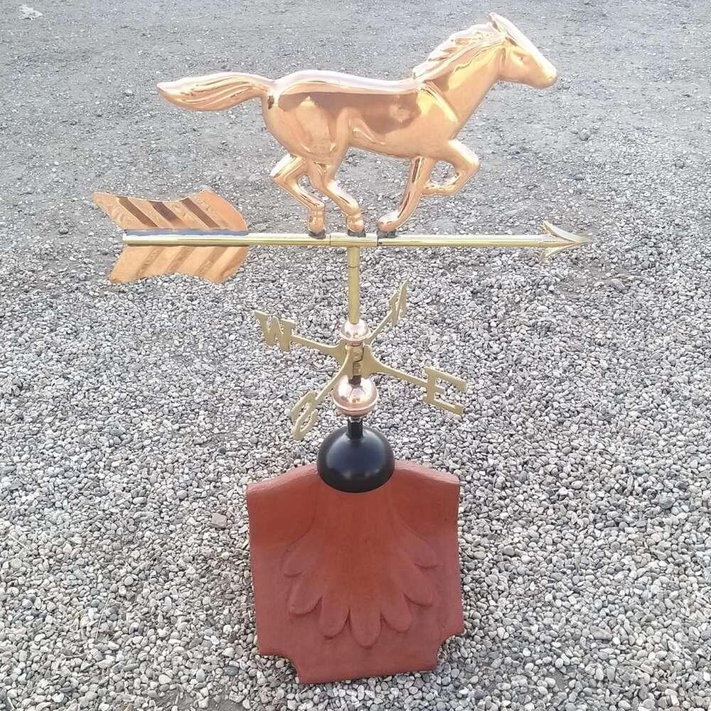 Horse weathervane supplied on a ridge tile finial fitting with multiple angle options