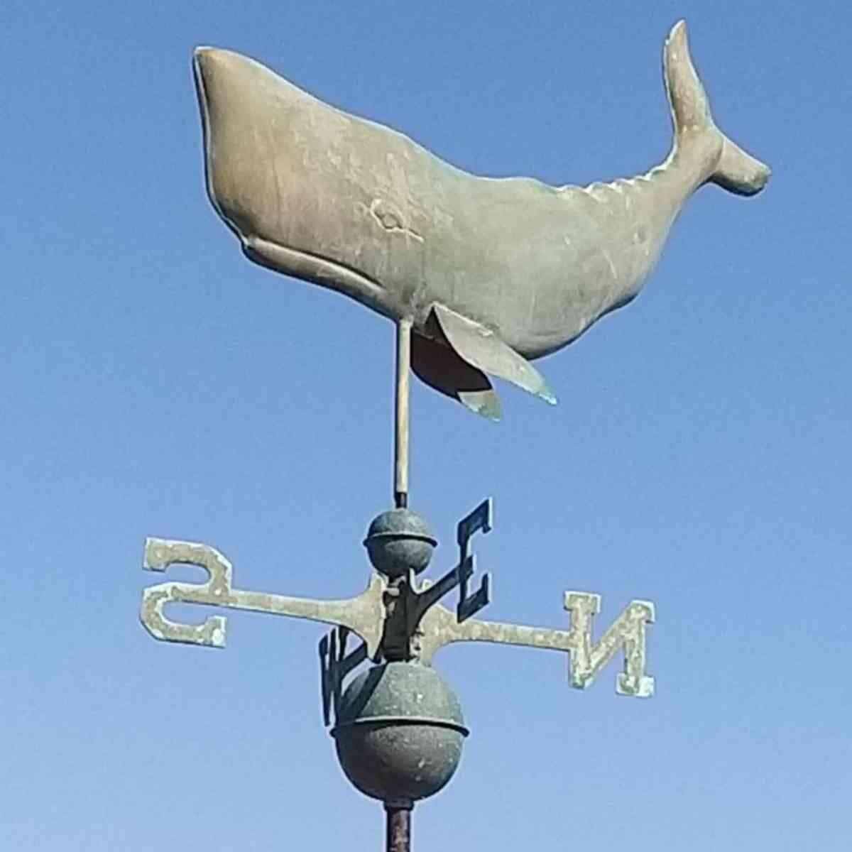 Large copper weathered whale weathervane