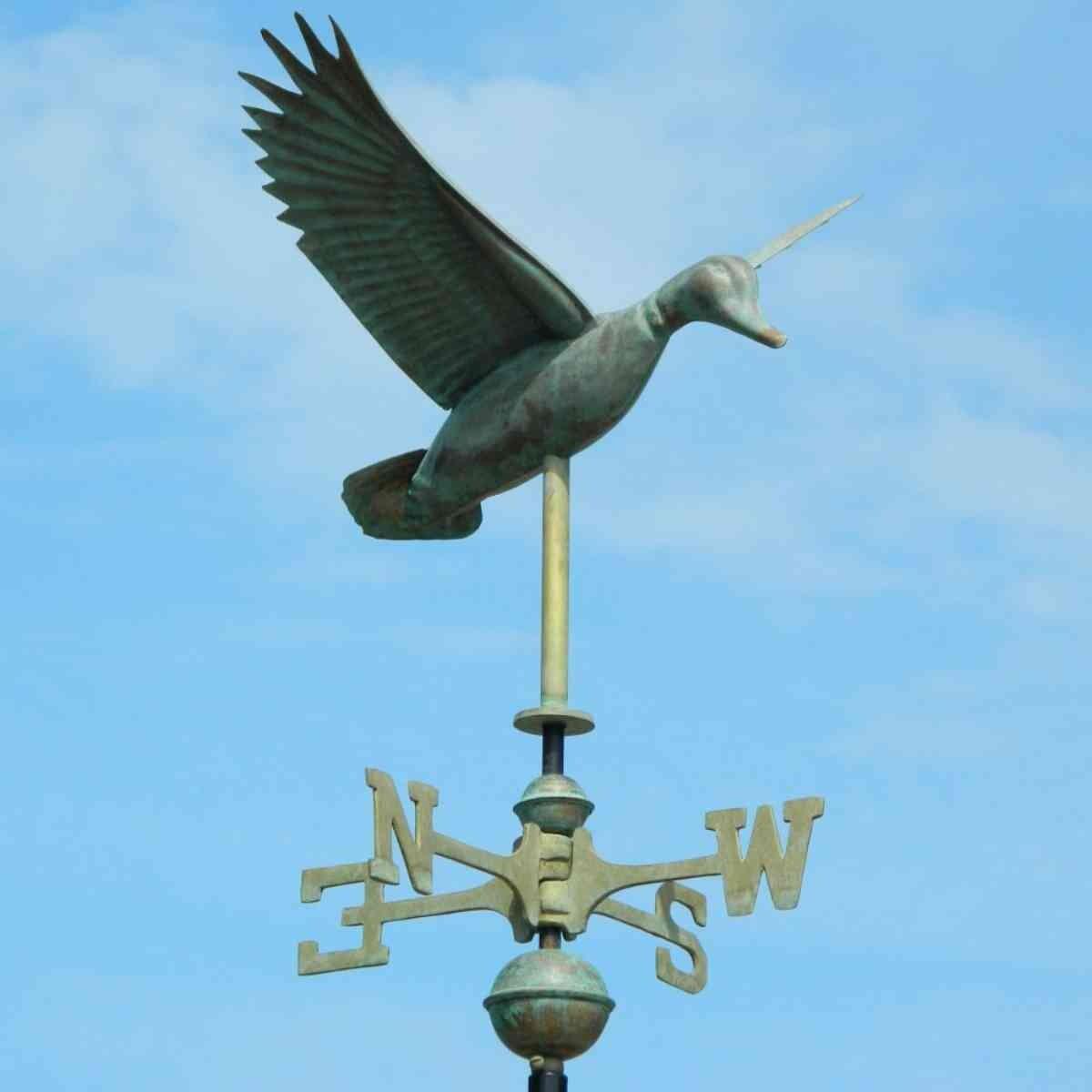 Medium genuine hand crafted copper verdigris flying duck weathervane