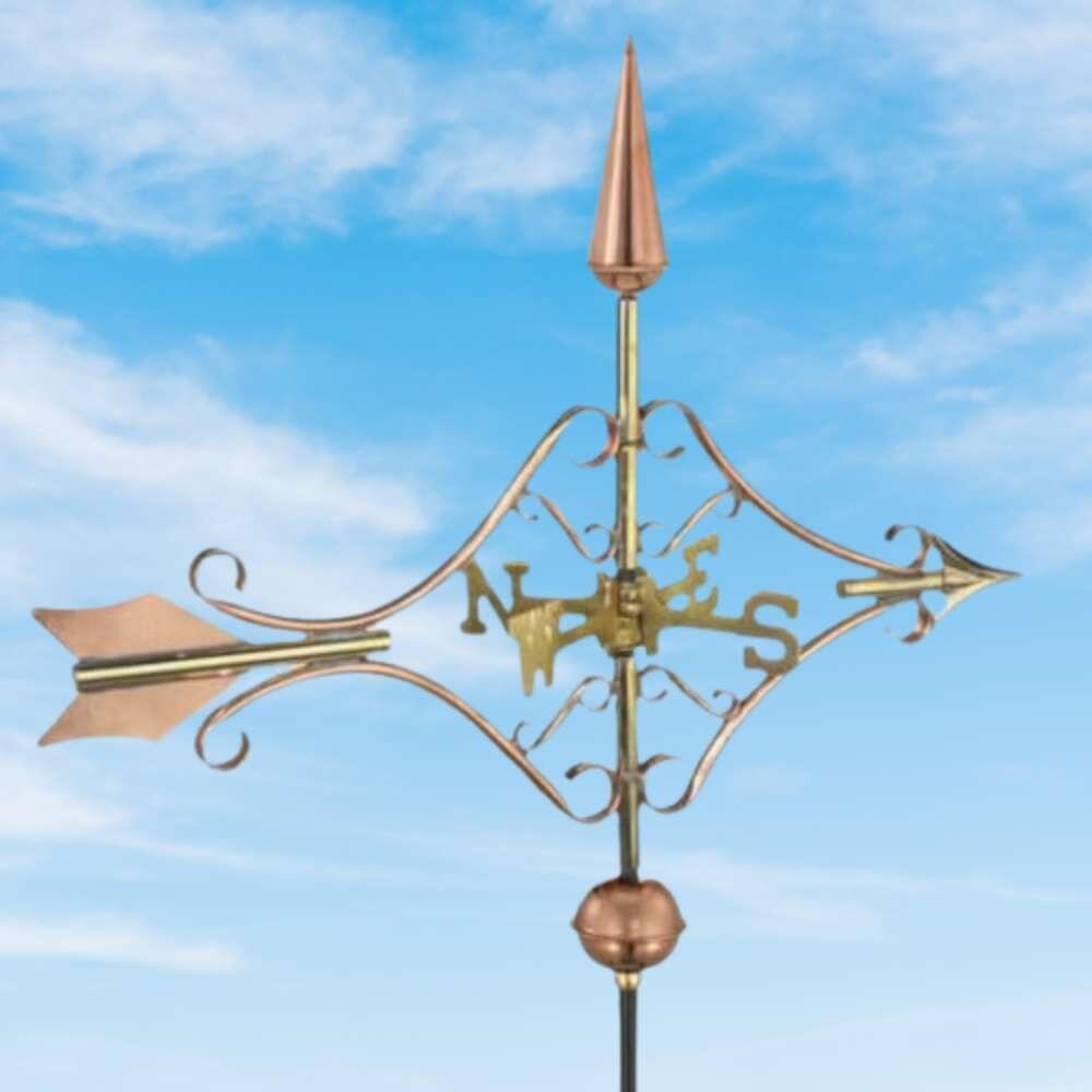 Victorian arrow verdigris weathervane fitted on a half round ridge finiaL
