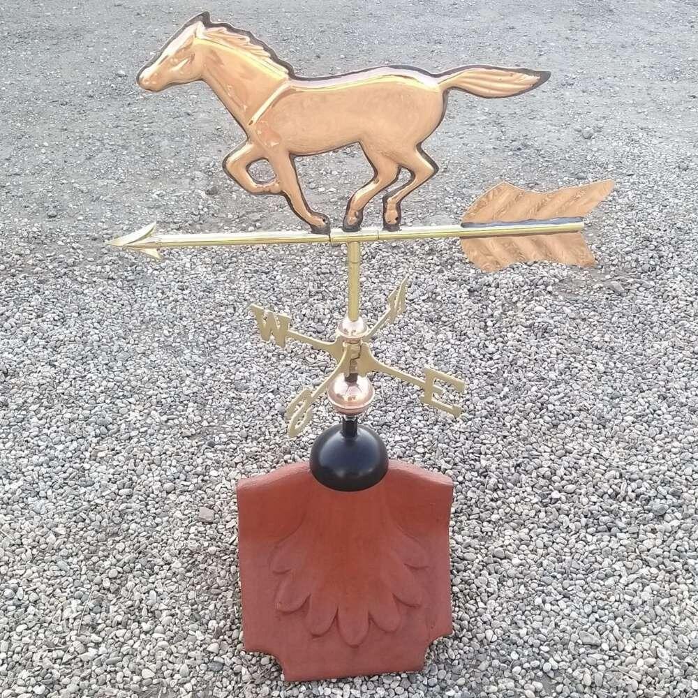 Horse weathervane supplied on a ridge tile finial fitting with multiple angle options