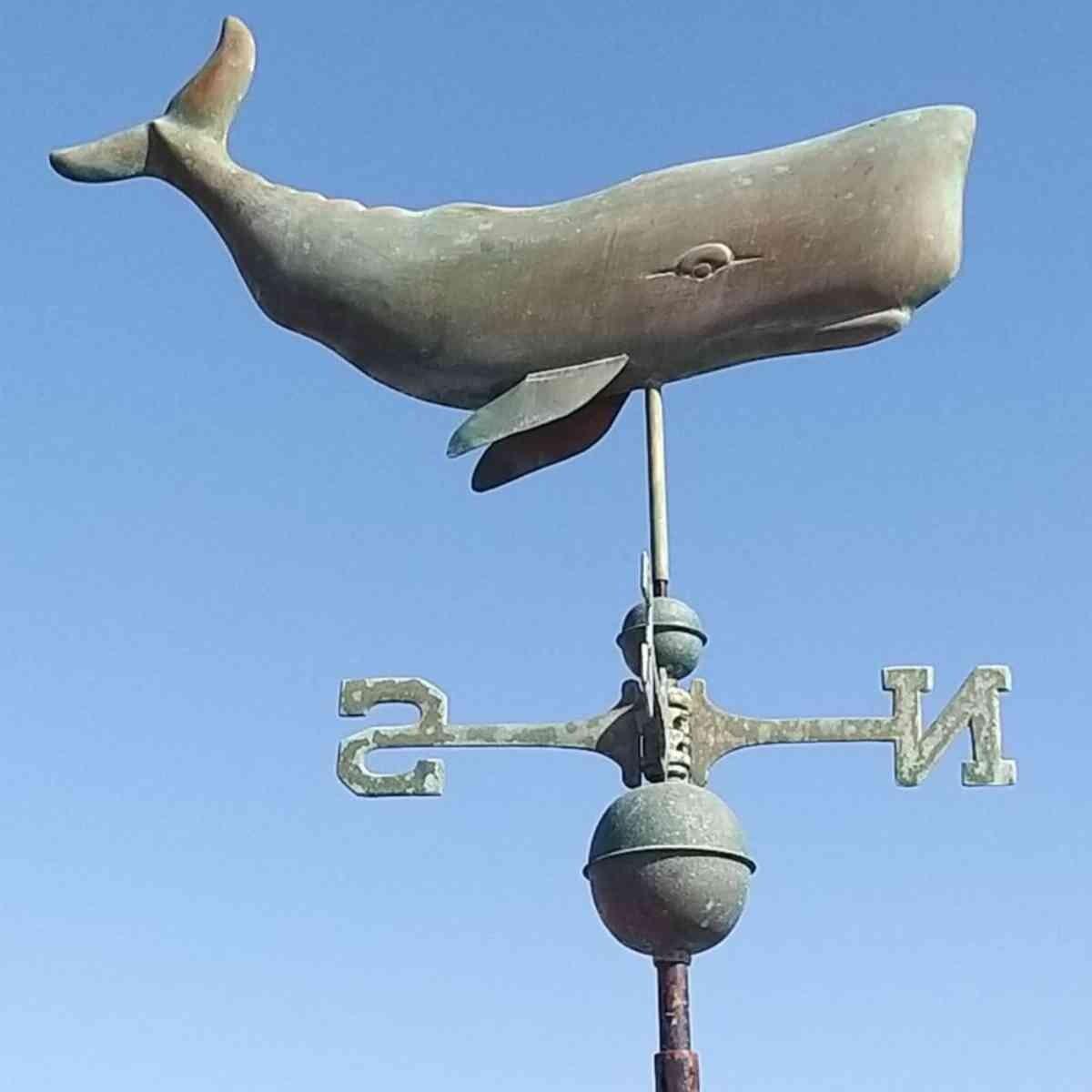 Large copper weathered whale weathervane