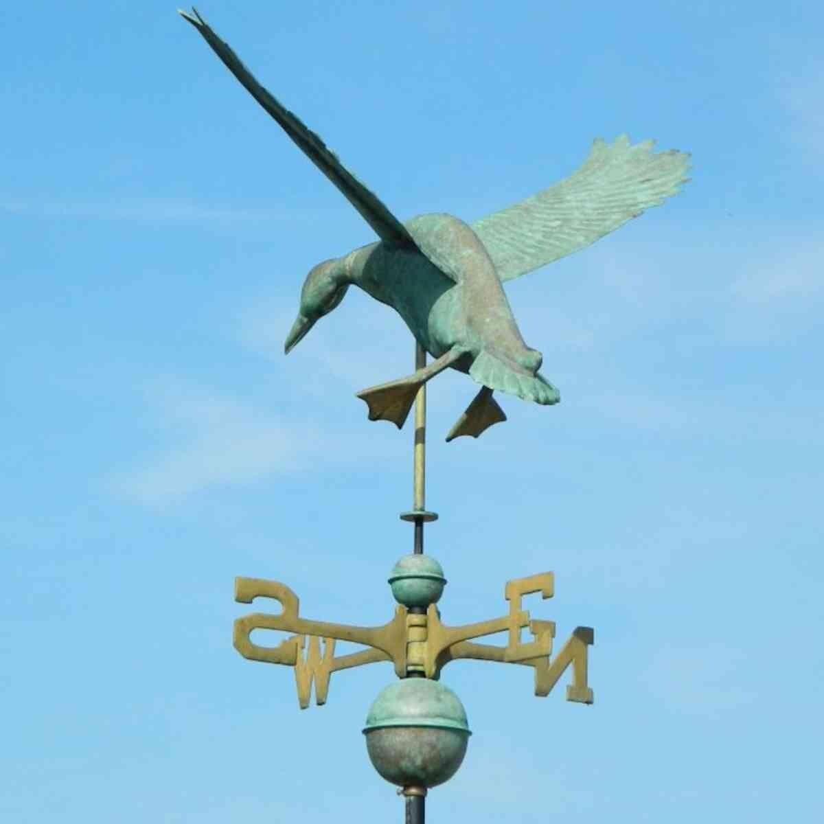 Large pure copper landing duck weathervane vintage aged verdigris