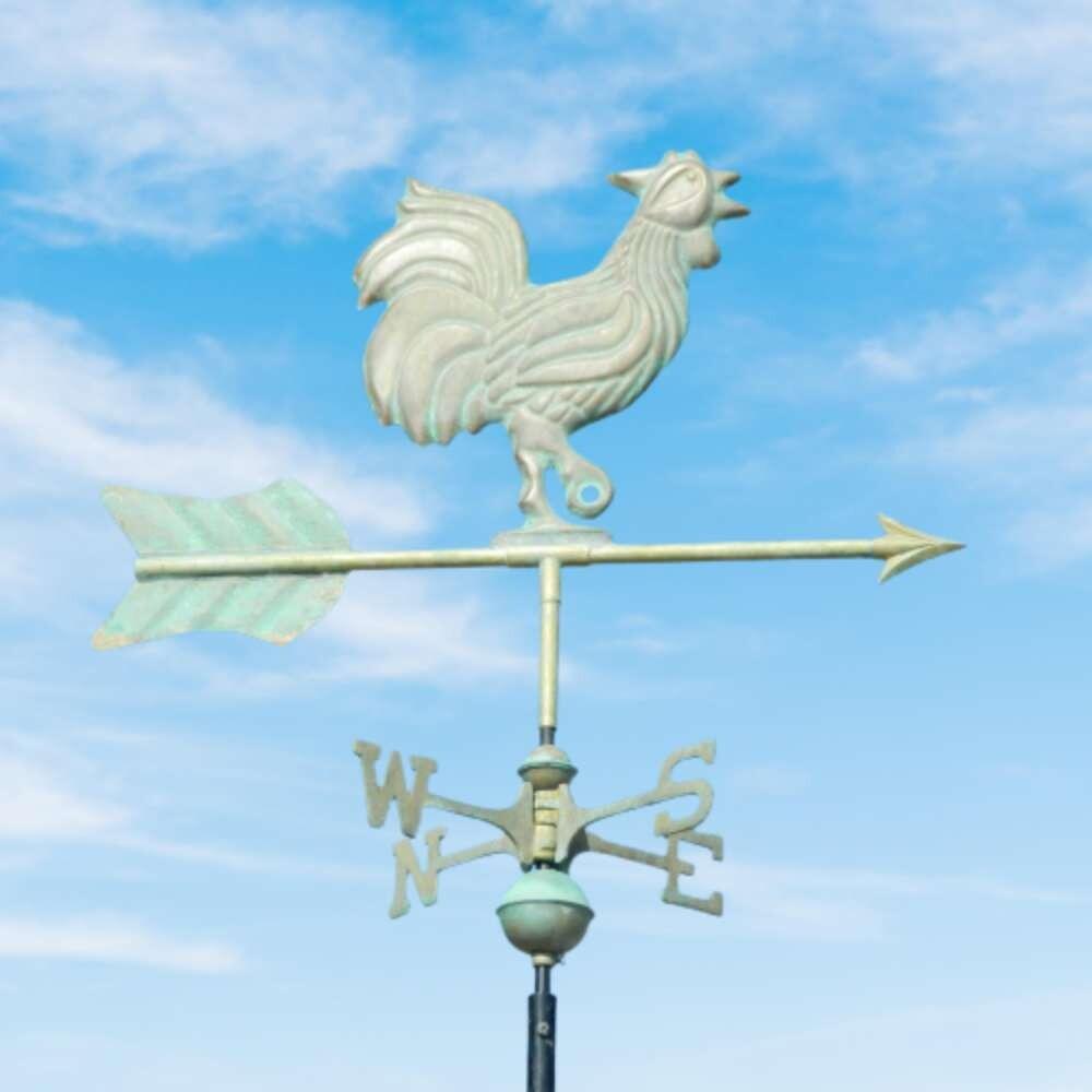 Cockerel verdigris weathervane fitted to a half round ridge finial