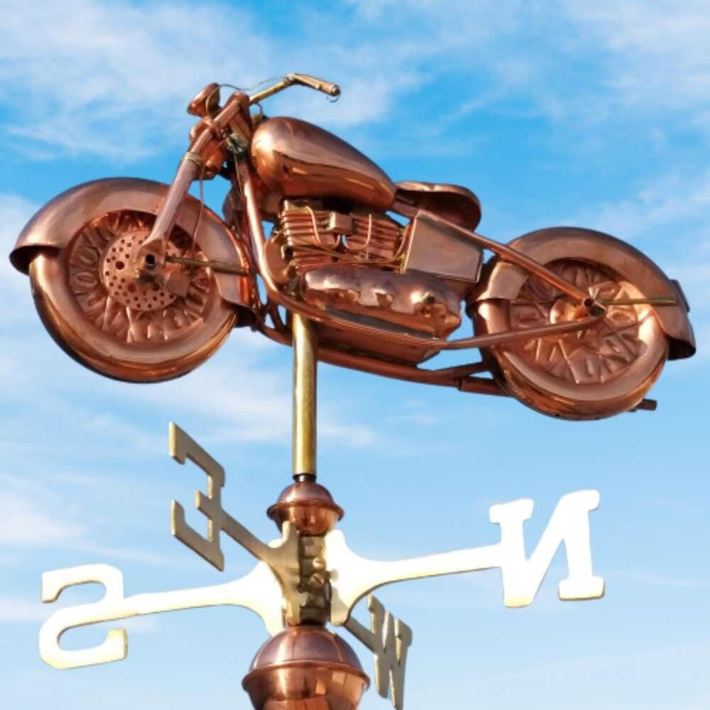 Motorbike weathervane installed on a ridge tile finial fitting with multiple angle options