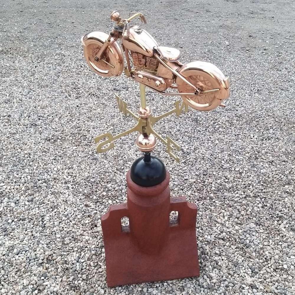 Motorbike weathervane mounted on a 90 degree ridge base finial