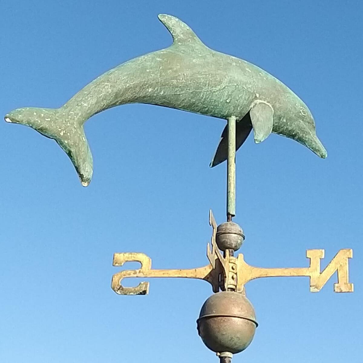 Large copper verdigris dolphin weathervane